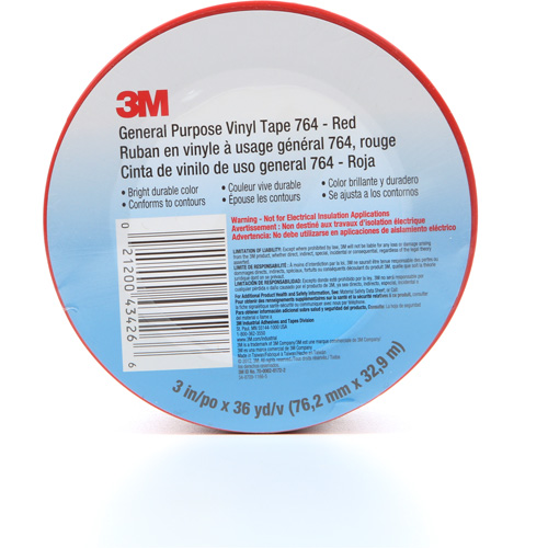 Ruban en vinyle pour travaux g&eacute;n&eacute;raux 764, 76 mm (3") la x 32,9 m (108') lo, 5 mils, Rouge Distribution Industrielle GC