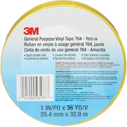 Ruban en vinyle pour travaux g&eacute;n&eacute;raux 764, 25,4 mm (1") la x 32,9 m (108') lo, 5 mils, Jaune Distribution Industrielle GC