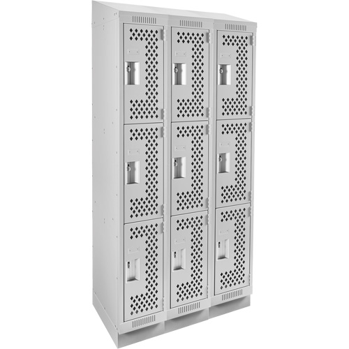 Clean Line Lockers, 3 -tier, Bank of 3, 36" x 15" x 82", Steel, Grey, Rivet (Assembled), Perforated Distribution Industrielle GC