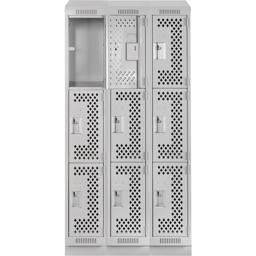 Clean Line Lockers, 3 -tier, Bank of 3, 36" x 15" x 82", Steel, Grey, Rivet (Assembled), Perforated Distribution Industrielle GC