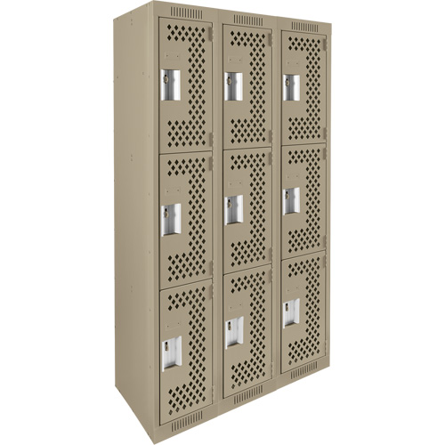 Clean Line Lockers, 3 -tier, Bank of 3, 36" x 12" x 72", Steel, Beige, Rivet (Assembled), Perforated Distribution Industrielle GC
