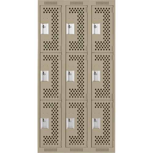 Clean Line Lockers, 3 -tier, Bank of 3, 36" x 12" x 72", Steel, Beige, Rivet (Assembled), Perforated Distribution Industrielle GC