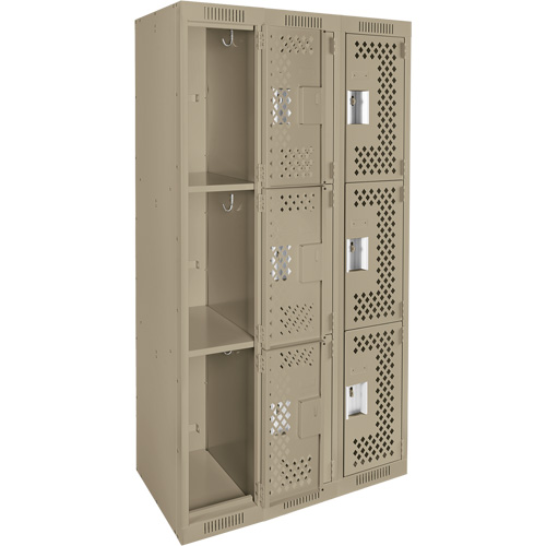 Clean Line Lockers, 3 -tier, Bank of 3, 36" x 12" x 72", Steel, Beige, Rivet (Assembled), Perforated Distribution Industrielle GC