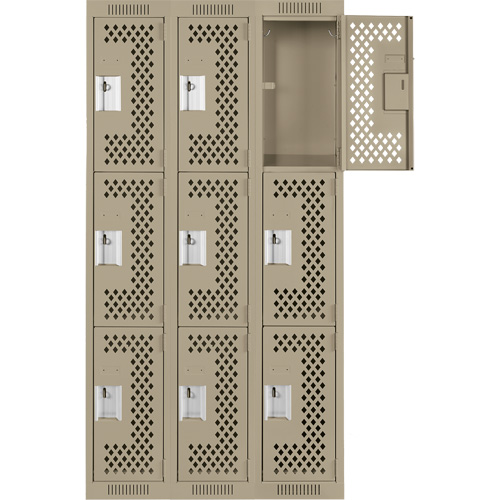 Clean Line Lockers, 3 -tier, Bank of 3, 36" x 12" x 72", Steel, Beige, Rivet (Assembled), Perforated Distribution Industrielle GC