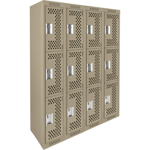 Clean Line Lockers, 3 -tier, Bank of 4, 48" x 12" x 72", Steel, Beige, Rivet (Assembled), Perforated Distribution Industrielle GC