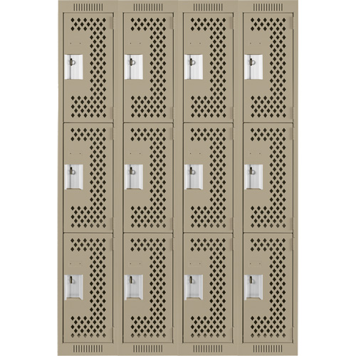 Clean Line Lockers, 3 -tier, Bank of 4, 48" x 12" x 72", Steel, Beige, Rivet (Assembled), Perforated Distribution Industrielle GC