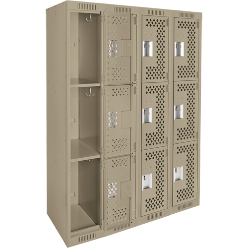 Clean Line Lockers, 3 -tier, Bank of 4, 48" x 12" x 72", Steel, Beige, Rivet (Assembled), Perforated Distribution Industrielle GC