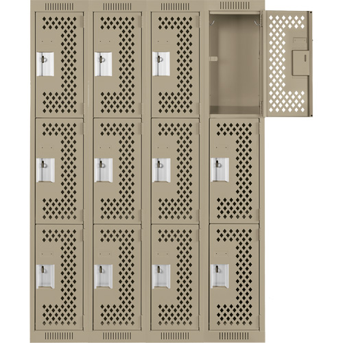 Clean Line Lockers, 3 -tier, Bank of 4, 48" x 12" x 72", Steel, Beige, Rivet (Assembled), Perforated Distribution Industrielle GC