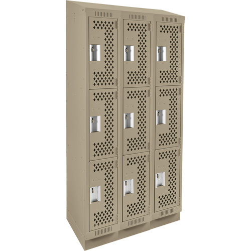 Clean Line Lockers, 3 -tier, Bank of 3, 36" x 15" x 82", Steel, Beige, Rivet (Assembled), Perforated Distribution Industrielle GC