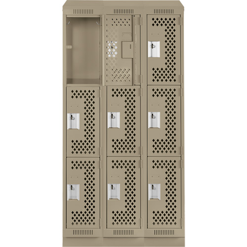 Clean Line Lockers, 3 -tier, Bank of 3, 36" x 15" x 82", Steel, Beige, Rivet (Assembled), Perforated Distribution Industrielle GC
