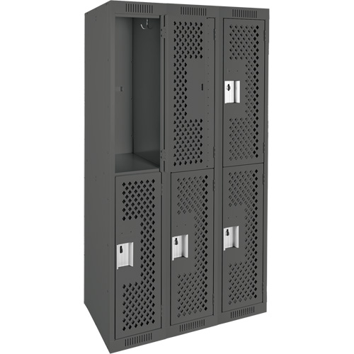 Clean Line Lockers, 2 -tier, Bank of 3, 36" x 12" x 72", Steel, Charcoal, Rivet (Assembled), Perforated Distribution Industrielle GC