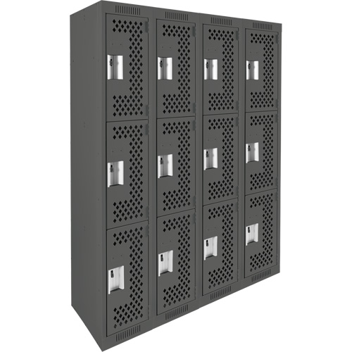 Clean Line Lockers, 3 -tier, Bank of 4, 48" x 12" x 72", Steel, Charcoal, Rivet (Assembled), Perforated Distribution Industrielle GC