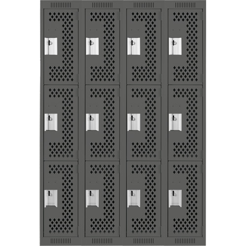 Clean Line Lockers, 3 -tier, Bank of 4, 48" x 12" x 72", Steel, Charcoal, Rivet (Assembled), Perforated Distribution Industrielle GC