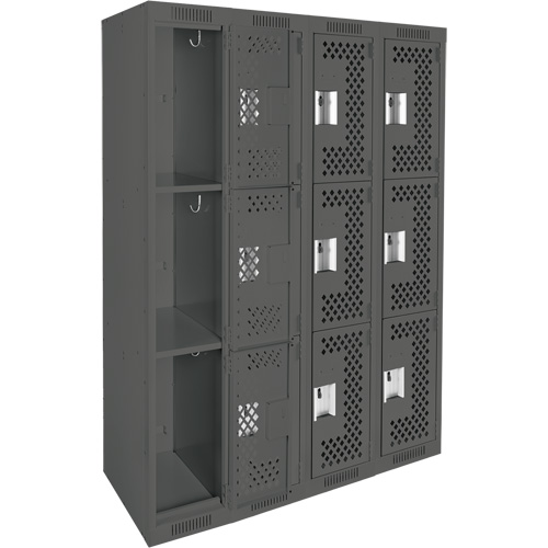 Clean Line Lockers, 3 -tier, Bank of 4, 48" x 12" x 72", Steel, Charcoal, Rivet (Assembled), Perforated Distribution Industrielle GC