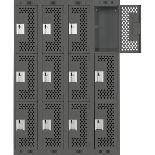 Clean Line Lockers, 3 -tier, Bank of 4, 48" x 12" x 72", Steel, Charcoal, Rivet (Assembled), Perforated Distribution Industrielle GC