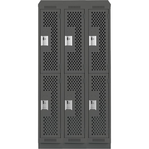 Clean Line Lockers, 2 -tier, Bank of 3, 36" x 15" x 82", Steel, Charcoal, Rivet (Assembled), Perforated Distribution Industrielle GC