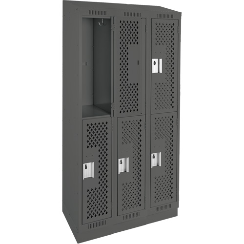 Clean Line Lockers, 2 -tier, Bank of 3, 36" x 15" x 82", Steel, Charcoal, Rivet (Assembled), Perforated Distribution Industrielle GC