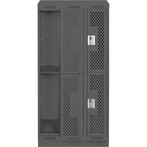 Clean Line Lockers, 2 -tier, Bank of 3, 36" x 15" x 82", Steel, Charcoal, Rivet (Assembled), Perforated Distribution Industrielle GC
