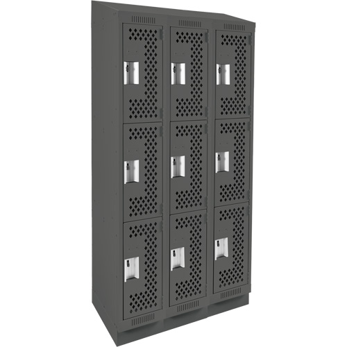 Clean Line Lockers, 3 -tier, Bank of 3, 36" x 15" x 82", Steel, Charcoal, Rivet (Assembled), Perforated Distribution Industrielle GC