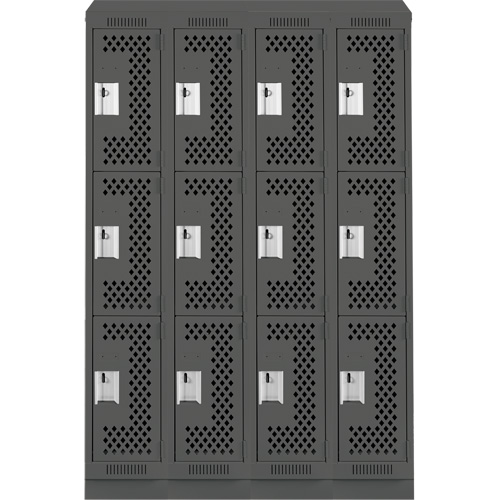Clean Line Lockers, 3 -tier, Bank of 4, 48" x 15" x 82", Steel, Charcoal, Rivet (Assembled), Perforated Distribution Industrielle GC