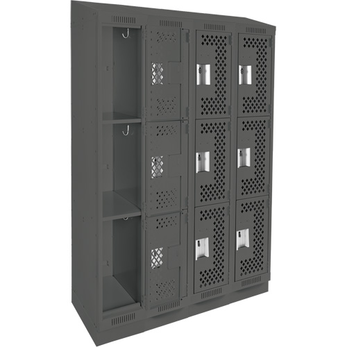 Clean Line Lockers, 3 -tier, Bank of 4, 48" x 15" x 82", Steel, Charcoal, Rivet (Assembled), Perforated Distribution Industrielle GC