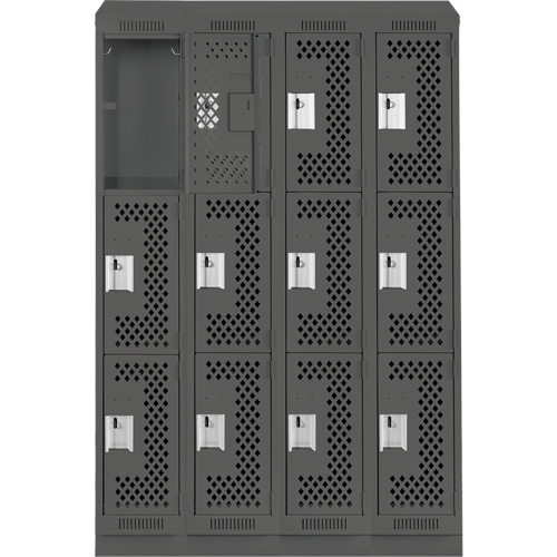 Clean Line Lockers, 3 -tier, Bank of 4, 48" x 15" x 82", Steel, Charcoal, Rivet (Assembled), Perforated Distribution Industrielle GC