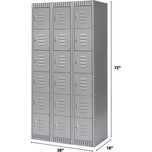 Lockers, 6 -tier, Bank of 3, 36" x 18" x 72", Steel, Grey, Knocked Down Distribution Industrielle GC
