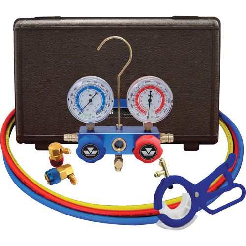 Automotive R134A 2-Way Manifold Gauge Set with 3-In-1 Side Mount Can Tap Valve Distribution Industrielle GC