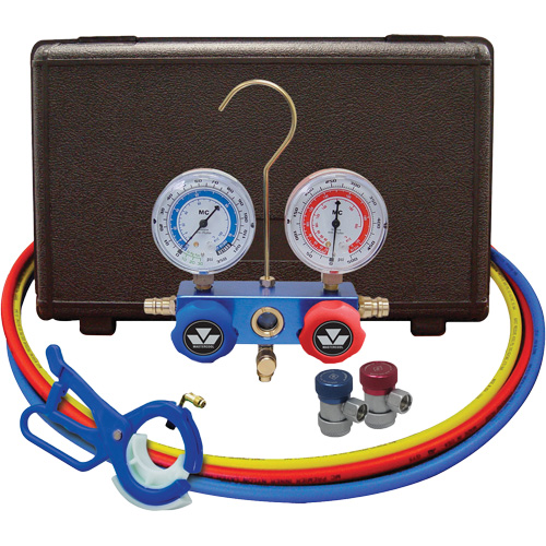 Jeu de manom&egrave;tres collecteurs pour automobile avec coupleurs manuels et robinet perce-canette lat&eacute;rale 3-in-1 Distribution Industrielle GC
