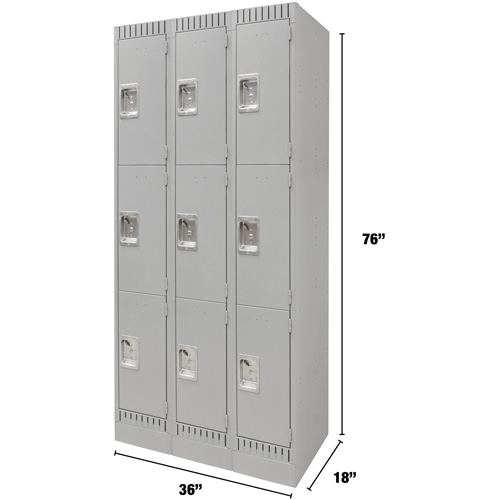 Lockers, 3 -tier, Bank of 3, 36" x 18" x 76", Steel, Grey, Knocked Down Distribution Industrielle GC