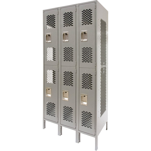 Vented Lockers, 2 -tier, Bank of 3, 36" x 18" x 78", Steel, Grey, Knocked Down, Perforated Distribution Industrielle GC