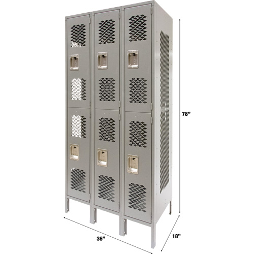 Vented Lockers, 2 -tier, Bank of 3, 36" x 18" x 78", Steel, Grey, Knocked Down, Perforated Distribution Industrielle GC