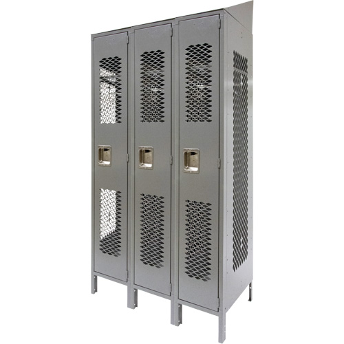 Vented Lockers, Bank of 3, 36" x 18" x 88", Steel, Grey, Knocked Down, Perforated Distribution Industrielle GC