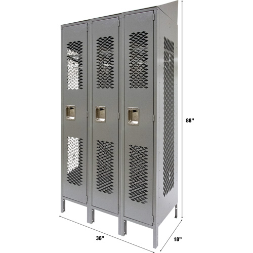 Vented Lockers, Bank of 3, 36" x 18" x 88", Steel, Grey, Knocked Down, Perforated Distribution Industrielle GC
