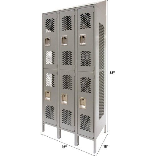 Vented Lockers, 2 -tier, Bank of 3, 36" x 18" x 88", Steel, Grey, Knocked Down, Perforated Distribution Industrielle GC
