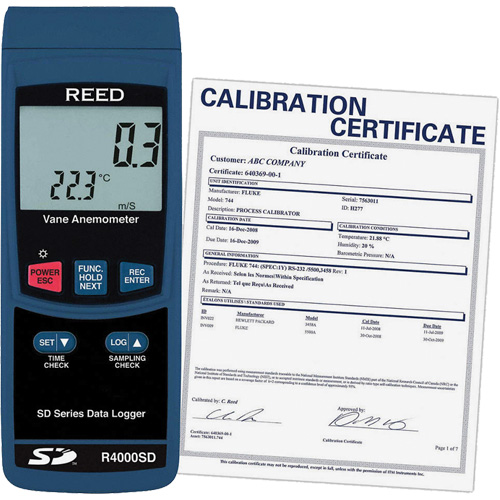 Thermo-an&eacute;mom&egrave;tre avec certificat de calibration, Enregistrement des donn&eacute;es, Gamme de v&eacute;locit&eacute; d'air de 0,4 - 30 m/sec Distribution Industrielle GC