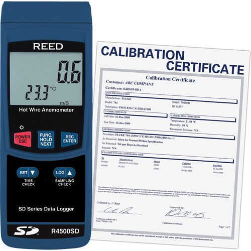 Thermo-an&eacute;mom&egrave;tres &agrave; fil chaud avec enregistrement de donn&eacute;es et certificat de calibration, Enregistrement des donn&eacute;es, Gamme de v&eacute;locit&eacute; d'air de 0,2 - 25 m/sec Distribution Industrielle GC