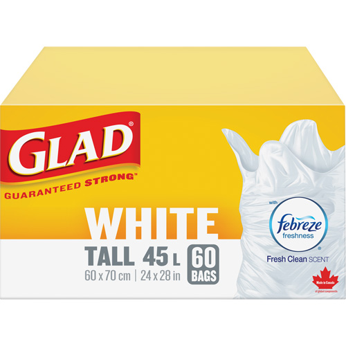 Sacs &agrave; ordures hauts 45 L avec Febreze, R&eacute;gulier, 24" la x 28" lo, Blanc Distribution Industrielle GC
