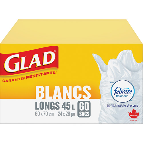 Sacs &agrave; ordures hauts 45 L avec Febreze, R&eacute;gulier, 24" la x 28" lo, Blanc Distribution Industrielle GC