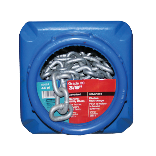Chaînes galvanis&eacute;es par immersion &agrave; chaud, Acier au carbone, 3/8" x 45' (13,7 m) l, Calibre 30, Charge d'utilisation 2650 lb (1,325 tonne) Distribution Industrielle GC