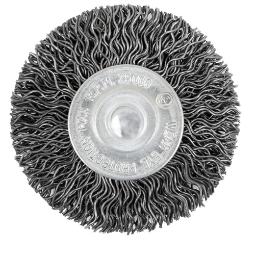 Brosse radiale &agrave; fils cr&ecirc;p&eacute;s mont&eacute; sur mandrin 105-2, 2", Fils ,02" Distribution Industrielle GC