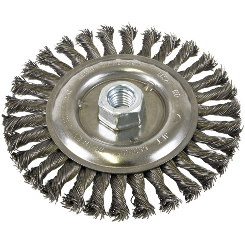 Brosse filet&eacute;e &agrave; fils nou&eacute;es et face standard, Dia. 6", Fils 0,022", Arbre 5/8"-11, Acier Distribution Industrielle GC
