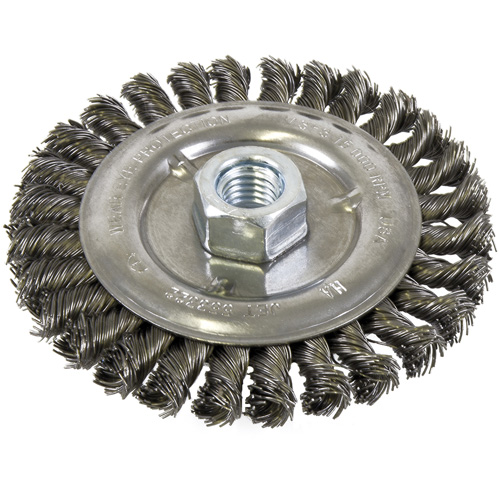 Brosse filet&eacute;e &agrave; fils nou&eacute;s et face standard, Dia. 5", Fils 0,022", Arbre 5/8"-11, Acier Distribution Industrielle GC