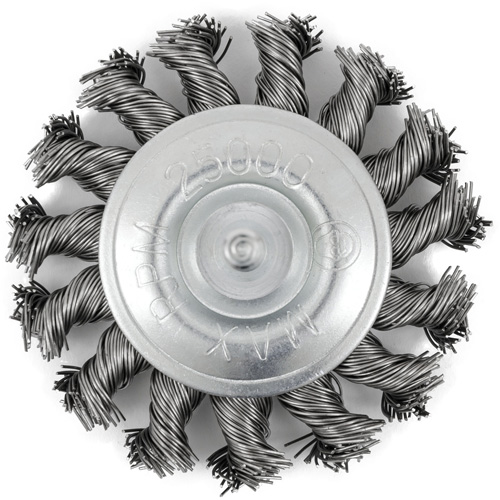 Brosse radiale &agrave; fils nou&eacute;s torsad&eacute;s mont&eacute; sur mandrin, Dia. 3", Fils 0,02", Arbre 1/4", Acier inoxydable Distribution Industrielle GC