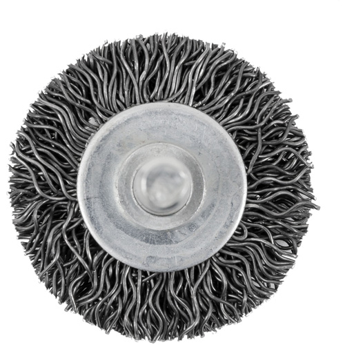 Brosse radiale &agrave; fils cr&ecirc;p&eacute;s mont&eacute; sur mandrin 126, 1-1/2", Fils 0,02", Tige 1/4" Distribution Industrielle GC