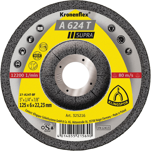Disque de meulage A 624 T Supra Kronenflex, 5" x 1/4", Arbre 7/8" Distribution Industrielle GC