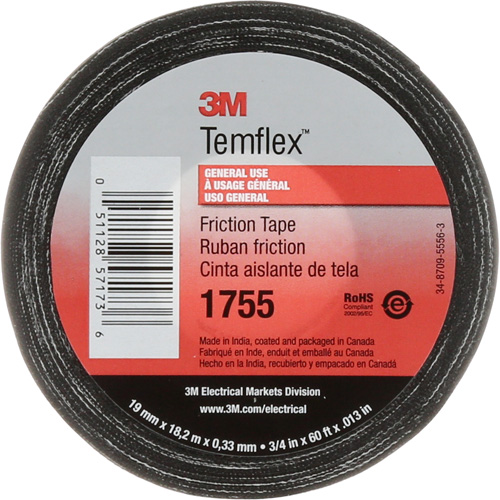 Temflex Cotton Friction Tape 1755, 19 mm (3/4") x 18.28 m (60'), Black Distribution Industrielle GC