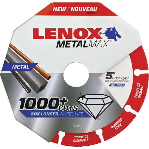 Meule de tronçonnage des m&eacute;taux MetalMax, 5" x 0,05", Arbre de 7/8", Type 1, Losange, 12 200 Tr/min Distribution Industrielle GC