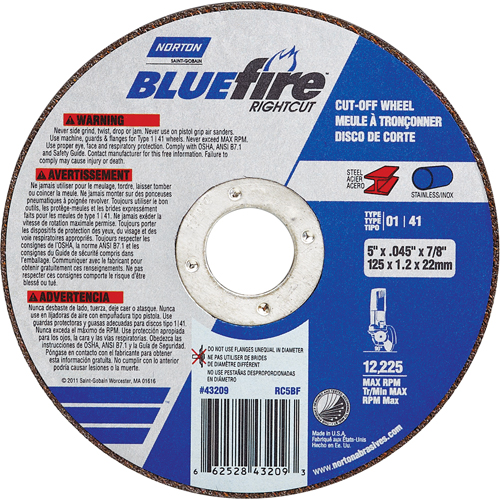 Meule a tronconner BlueFire, 4-1/2" x 0,045"/1/16", Arbre de 7/8", Type 01/41, Oxyde d'aluminium/Zirconium, 13580 Tr/min Distribution Industrielle GC