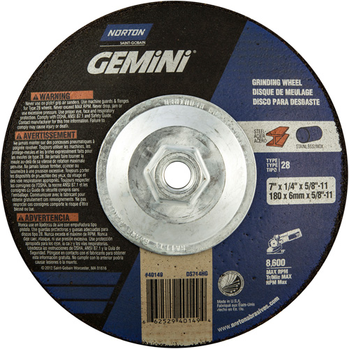 Meule soucoupes Gemini, 7" x 1/4", Arbre 5/8"-11, Oxyde d'aluminium, Type 28 Distribution Industrielle GC